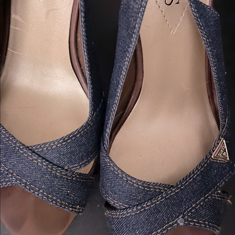 GUESS Womens Slingback Sandals Blue Denim Open Toe High Wedge Heel Buckle 9M